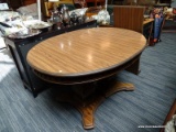 (R1) DOUBLE PEDESTAL KITCHEN TABLE; WALNUT GRAIN, MID CENTURY MODERN OVAL TABLE WITH METAL URN