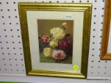 (BWALL) ROSE PRINT; FRAMED PRINT OF AN ARRANGEMENT OF YELLOW AND PINK ROSES. SITS IN A YELLOW GOLD