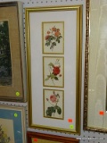 (BWALL) COLLAGE OF ROSE PRINTS; 3 PIECE COLLAGE OF RED/PINK ROSE PRINTS. DOUBLE MATTED IN GOLD FOIL
