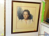 (BWALL) VINTAGE FRAMED PORTRAIT SKETCH; DEPICTS A PORTRAIT OF A WOMAN IN HER MID 40S. SIGNED BY WHAT