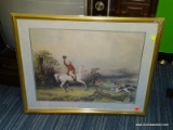 (BWALL) THE HUNT STYLE FRAMED LITHOGRAPH; DEPICTS A SCENE OF A MAN ON HORSEBACK RAISING HIS TOP HAT