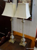 (WALL) PAIR OF TABLE LAMPS; SET OF 2 CHAMPAGNE PAINTED TABLE LAMPS WITH A METAL POLE CENTER SECTION