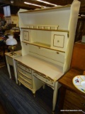(R1) FRENCH PROVINCIAL KNEE HOLE DESK WITH HUTCH; CREAM PAINTED, GOLD TRIM DETAILED, 4-DRAWER KNEE