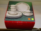 (R1) HOME FOR THE HOLIDAYS DINNER SET; 12 PIECE HOLLY HOLIDAY PATTERNED DINNER SET WITH 4 DINNER