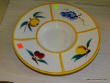 (R1) DECORATIVE BOWL; HAS HAND PAINTED FRUITS ALONG THE FLARED RIM.