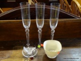 (R1) SET OF ASSORTED GLASSWARE/CHINA; 5 PIECE LOT TO INCLUDE A SET OF 3 CRYSTAL CHAMPAGNE GLASSES