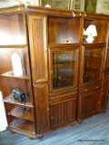 (R1) AMERICAN SIGNATURE CABINET; WALNUT FINISHED CABINET WITH A CUBBY, A GLASS CABINET DOOR