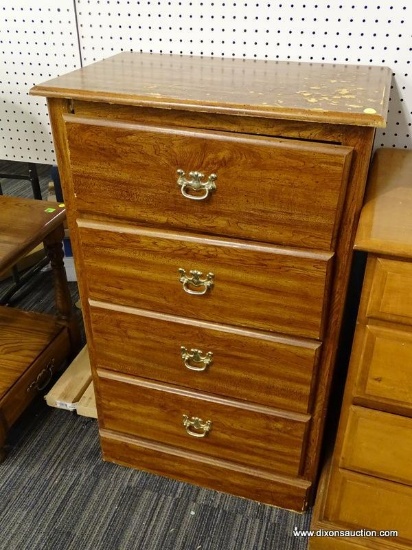 (R1) CHEST OF DRAWERS; WOODGRAIN, 4-DRAWER CHEST OF DRAWERS. TOP DRAWER NEEDS REPAIR AND HAS SOME