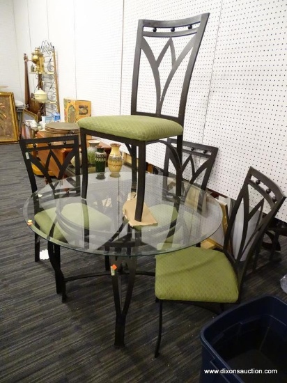 (R1) GLASS TOP PATIO TABLE AND CHAIRS; BLACK FINISHED, ROUND PATIO TABLE WITH A BEVELED EDGE GLASS