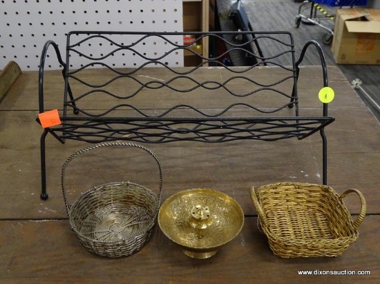 (R1) LOT OF BASKETS; 4 PIECE LOT TO INCLUDE A BLACK METAL WIRE BASKET, A GOLD FINISHED SMALL WICKER