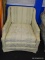 (BWALL) UPHOLSTERED ARM CHAIR; SLOPED ARM ARM CHAIR WITH CREAM, LIGHT BLUE AND YELLOW FLORAL