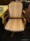 (R4) OFFICE CHAIR; PINK AND CREAM STRIPED UPHOLSTERED OFFICE CHAIR WITH A SCROLLING BACK AND