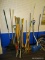 (BWALL) LOT OF ASSORTED YARD TOOLS; 22 PIECE LOT TO INCLUDE A SNOW SHOVEL, 3 BROOMS, 2 DECK BRUSHES,