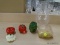 (SHELVES) LOT OF CERAMIC VEGETABLES; 5 PIECE LOT TO INCLUDE A POTATO, A GREEN PEPPER, A RED PEPPER,