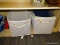 (SHELVES) LOT OF FABRIC CUBIC BINS; 5 PIECE LOT TO INCLUDE 2 GRAY STRIPED BINS (14