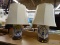 (SHELVES) ORIENTAL TABLE LAMPS; PAIR OF BLUE PAINTED PORCELAIN, PINCHED VASE SHAPED TABLE LAMPS WITH