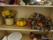 (SHELVES) LOT OF HALLOWEEN DECORATIONS; 4 PIECE LOT TO INCLUDE AN ARTIFICIAL PLANT IN WICKER BASKET,