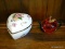 (R2) PAPER WEIGHT AND TRINKET BOX; 2 PIECE LOT TO INCLUDE AN GLASS APPLE TEA POT SHAPED PAPER WEIGHT