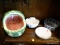(R2) LOT OF ASSORTED CHINA; 6 PIECE LOT TO INCLUDE A WATERMELON BASKET DISH, A SHELL SHAPED NUT