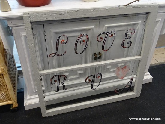 (R1) ANTIQUE 2-PANEL, PAINTED WINDOW WITH "LOVE RVA" ON THE GLASS. READY TO BE HUNG ON THE WALL.