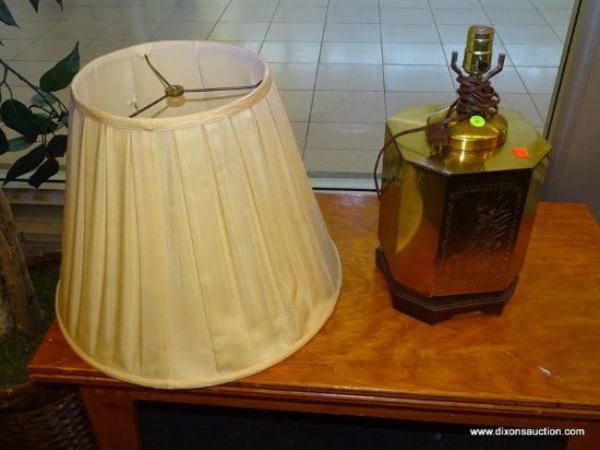 (R1) OCTAGONAL TABLE LAMP; POLISHED BRASS TABLE LAMP WITH A POTTED PLANT SCENE CUT ONTO 4 OF THE