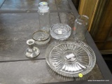 (R2) LOT OF ASSORTED GLASSWARE; 6 PIECE LOT TO INCLUDE A SECTIONED CONDIMENT PLATTER, AN ASHTRAY