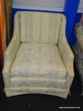 (BWALL) UPHOLSTERED ARM CHAIR; SLOPED ARM ARM CHAIR WITH CREAM, LIGHT BLUE AND YELLOW FLORAL