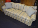 (R3) DREXEL HERITAGE SOFA; 3-CUSHION, ROLLING ARM SOFA WITH A BEIGE, LIGHT BLUE, AND CREAM FLORAL