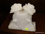 (R3) PAIR OF VINTAGE ROSE SHAPED, WHITE MARBLE BOOKENDS. MEASURES 3