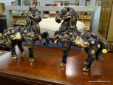 (R3) PAIR OF PORCELAIN HORSES; 2 PIECE SET OF BLACK PAINTED PORCELAIN HORSES WITH GOLD TONED AND