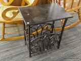 (R3) MAGAZINE RACK SIDE TABLE; VENETIAN BRONZE FINISHED END TABLE WITH A BOTTOM MAGAZINE RACK, A