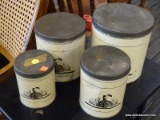 (R3) SET OF VINTAGE TINS. 4 PIECE SET OF VINTAGE, LIDDED CANNISTERS WITH A SCENE OF A GIRL HOLDING