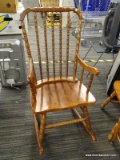 (R3) BANNISTER BACK ROCKING CHAIR; WOODEN ROCKING CHAIR WITH TURNED DETAILING ALONG THE BACK, LEG