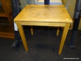(R3) SIDE TABLE; LIGHT WOOD SIDE TABLE WITH TAPPERED BLOCK LEGS. MEASURES 17