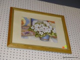 (BWALL) FRAMED STILL LIFE PRINT; PRINT DEPICTS A WHITE FLOWER SITTING IN A BLUE POT SURROUNDED BY