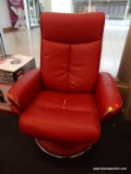 (R1) SWIVEL ARM CHAIR; FAUX RED LEATHER SWIVEL CHAIR WITH A LARGE ROUND BASE. MEASURES 30.5