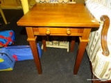 (R4) SIDE TABLE; SINGLE DRAWER SIDE TABLE WITH BLOCK LEGS AND A FINGER LOCKED TABLE TOP. MEASURES