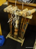 (R4) VINTAGE CROQUET SET WITH BALLS AND MALLETS FOR 6 PLAYERS. COMES WITH STAND AND WICKETS.