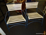 (R4) PAIR OF OUTDOOR ARM CHAIRS; 2 PIECE SET OF BLUE METAL FRAMED OUTDOOR ARM CHAIRS WITH WHITE
