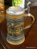 (R4) BEER STEIN; STONEWARE, LIDDED BEER STEIN WITH FLAT LID. MARKED ON BOTTOM.
