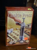 (R4) STAINLESS STEEL COOKIE PRESS WITH EASY GRIP SINGLE ACTION TRIGGER.