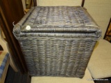 (R4) WICKER HAMPER; GRAY FINISHED WICKER HAMPER WITH A FABRIC LINED INTERIOR. MEASURES 17