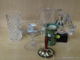 (SHELVES) LOT OF ASSORTED ITEMS; 7 PIECE LOT TO INCLUDE A VINTAGE BELL, A GLASS COMPOTE DISH, AN