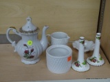 (SHELVES) LOT OF ASSORTED CHINA; 6 PIECE LOT TO INCLUDE A TEA POT, A ONEIDA WICKER STYLE CREAMER AND