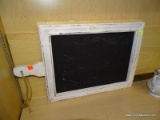 (SHELVES) WALL DECOR; 2 PIECE LOT TO INCLUDE A CHALK BOARD WITH WHITE PAINTED PADDLE LIKE FRAME AND