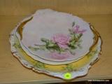 (SHELVES) LOT OF CHINA; 3 PIECE LOT TO INCLUDE A JPL FRANCE SERVING PLATTER WITH CUT HANDLES, A PINK