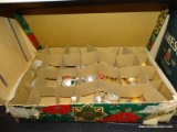 (SHELVES) ORNAMENT BOX LOT OF ASSORTED ORNAMENTS; BOX INCLUDES ABOUT 23 ASSORTED BALL ORNAMENTS.