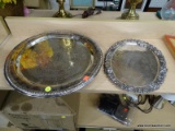 (SHELVES) LOT OF SILVERPLATED SERVING PLATTERS; 3 PIECE LOT TO INCLUDE AN OVAL PLATTER, A LEONARD