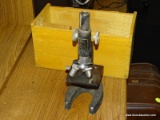 (SHELVES) VINTAGE PERFECT BRAND STUDENT MICROSCOPE IN WOODEN BOX. MODEL NO. 804. MISSING