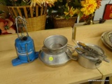 (SHELVES) GAS CAMPING STOVE AND COOKWARE; LOT TO INCLUDE A TORCH, A PAIR OF SKILLETS, A LATCHING LID